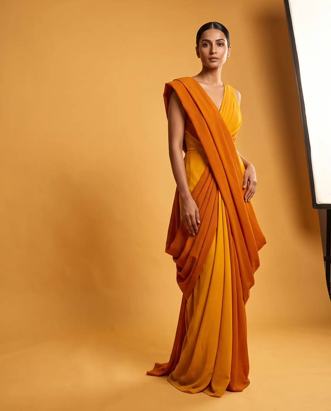 AI-generated model in a draped saffron outfit against a marigold studio backdrop