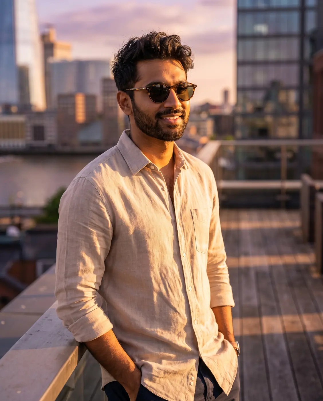 AI-generated model wearing tortoiseshell sunglasses on a rooftop at sunset