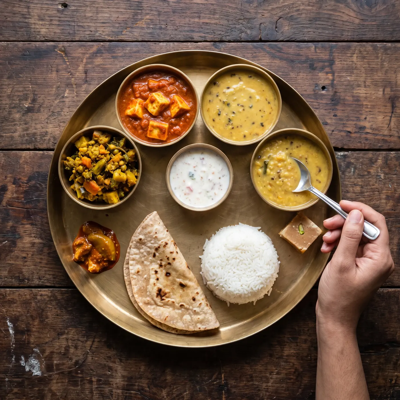 Overhead view of a vegetarian thali on a brass plate