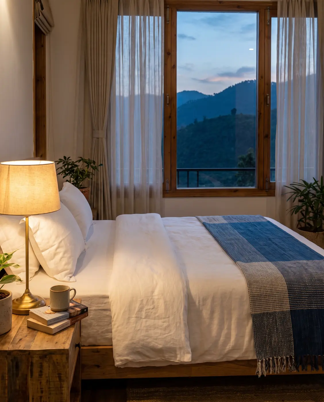 Boutique hotel room with a handloom throw and a view of hills at dusk