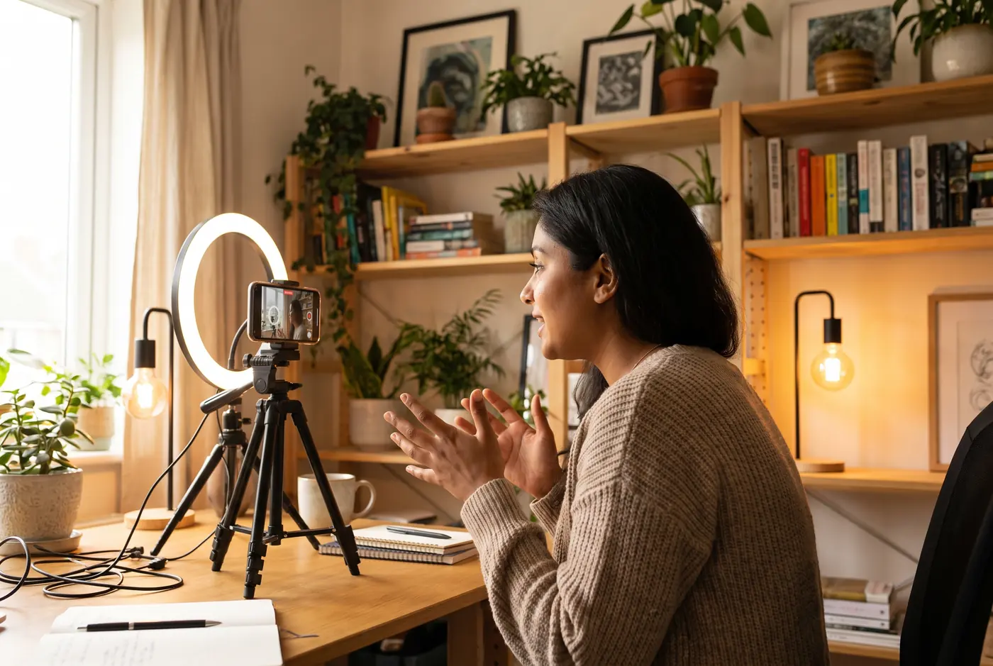 Creator recording a video to a phone on a tripod with a ring light