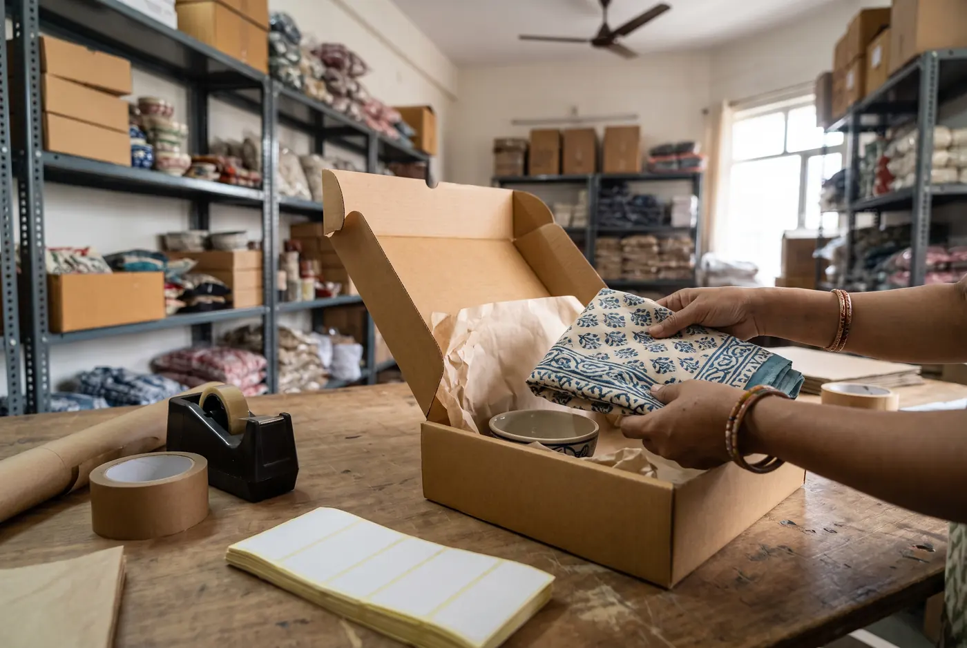 Hands packing a handmade product into a kraft box for shipping