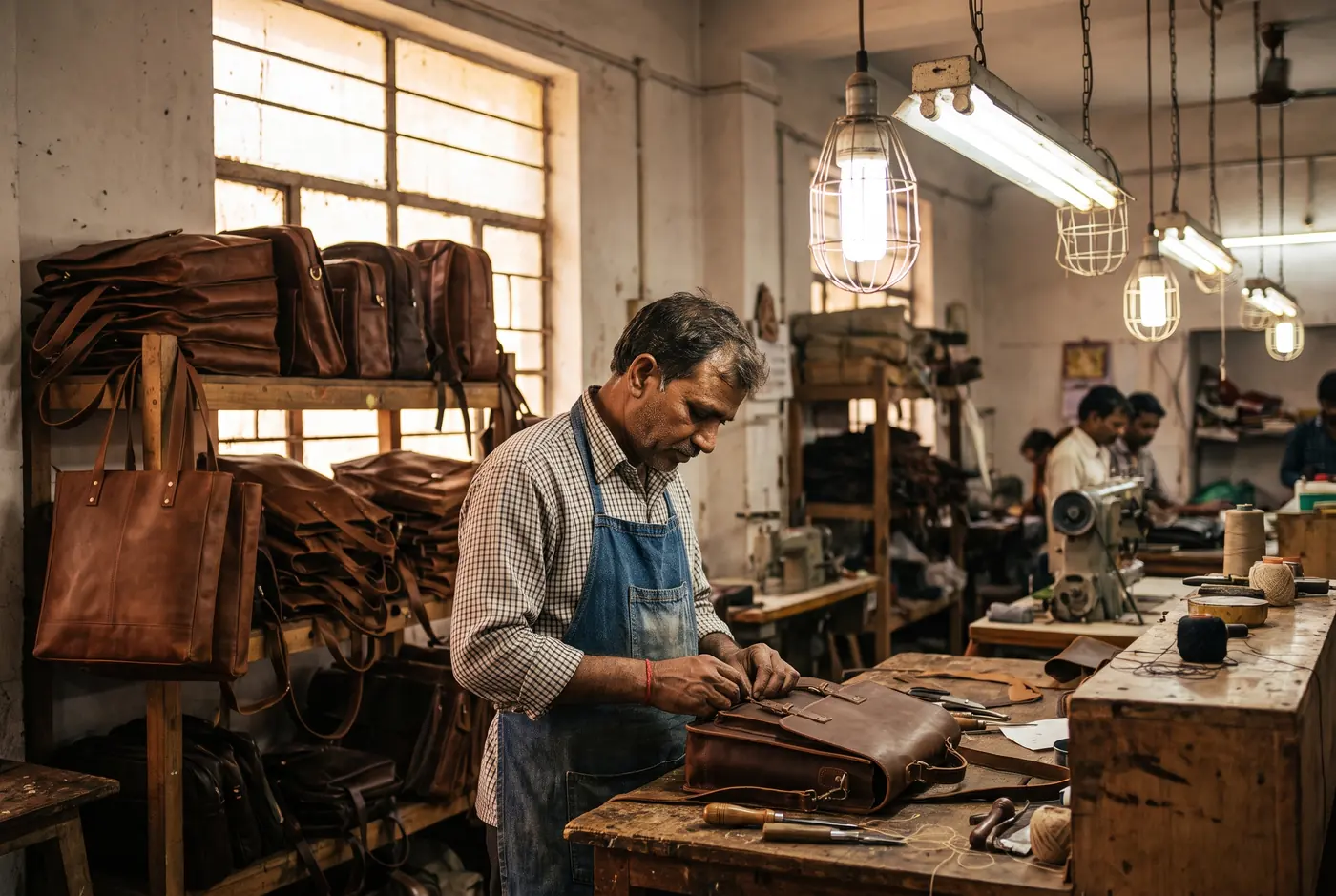 Craftsman inspecting a leather bag in a workshop