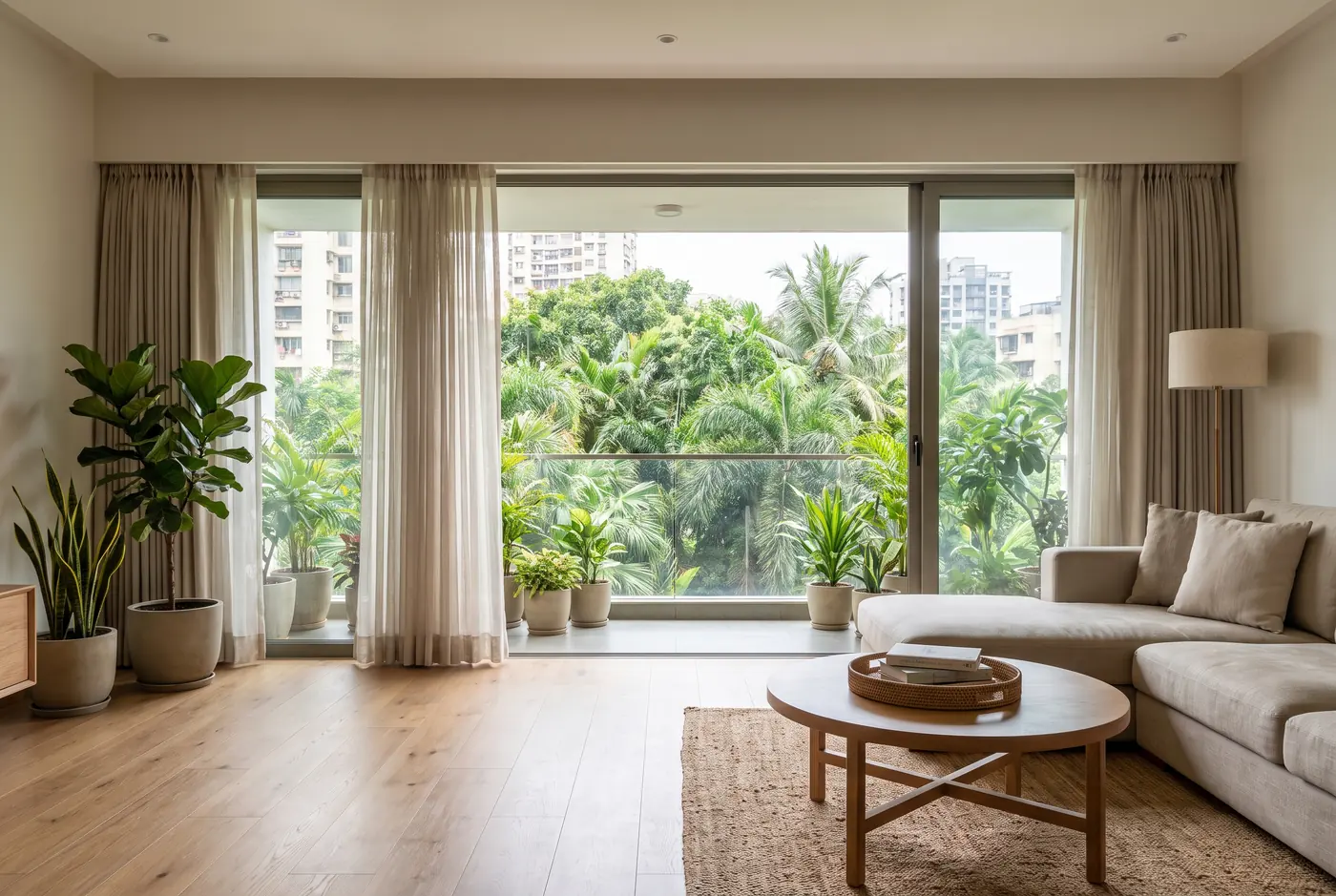 Bright apartment living room with a balcony view of trees