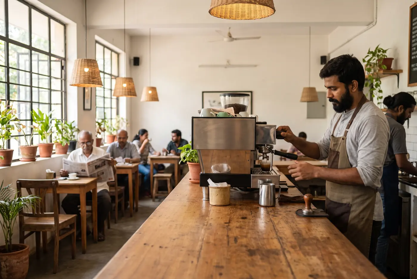 Barista making coffee behind a wooden café counter