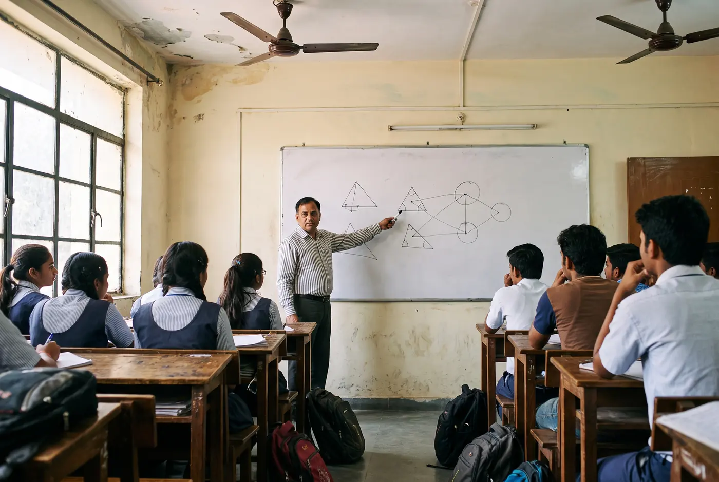 Teacher explaining geometry on a whiteboard to a coaching class