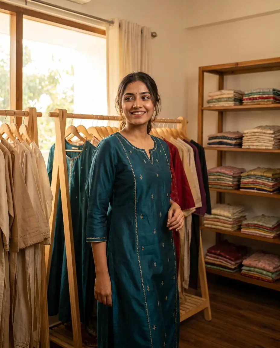 Model in a teal embroidered kurta inside a clothing boutique