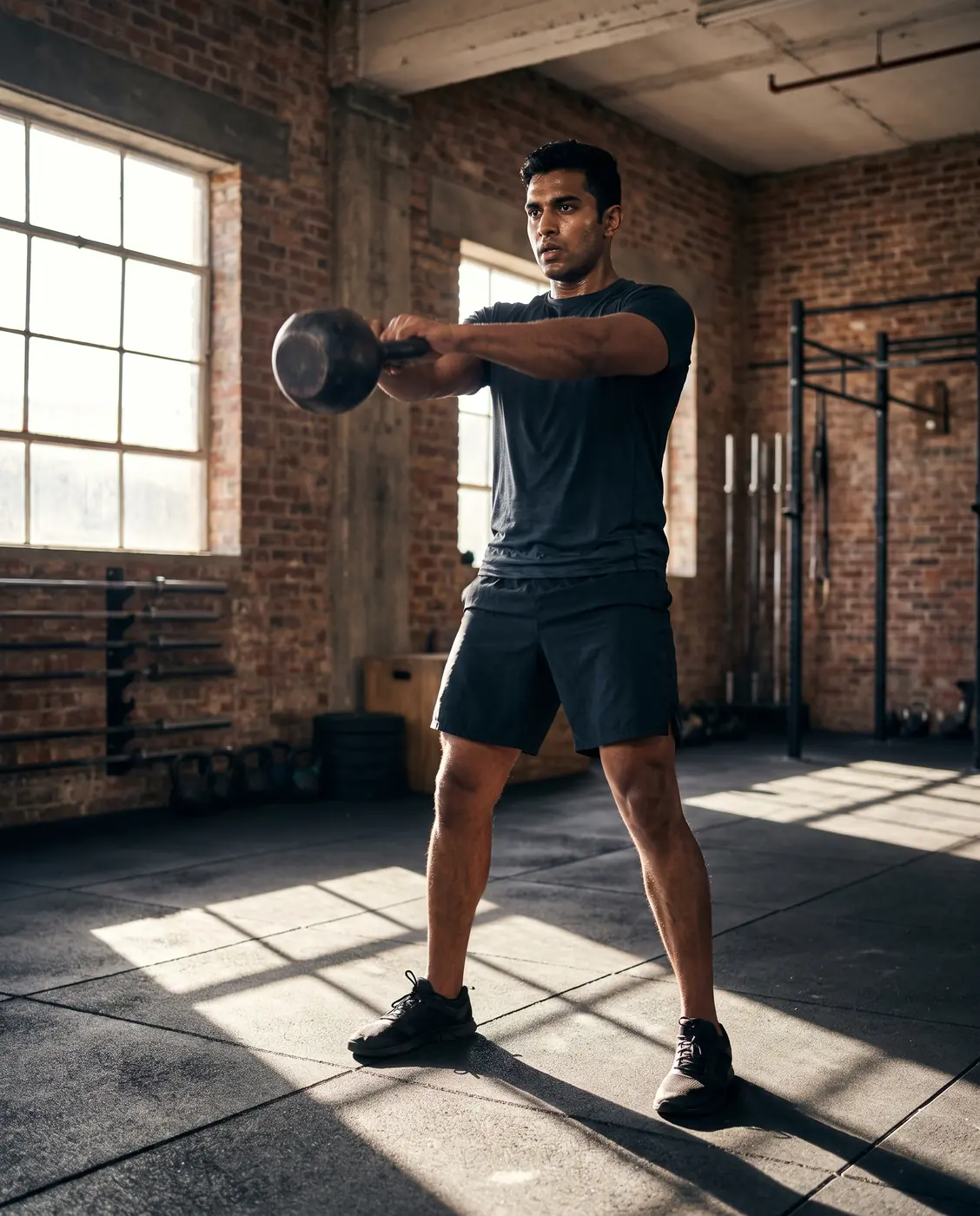 Man swinging a kettlebell in a sunlit gym