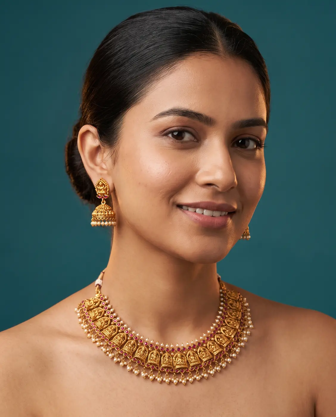 Model wearing a gold temple necklace and jhumka earrings