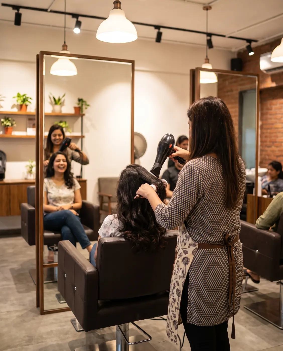 Stylist finishing a blow-dry for a smiling client in a salon