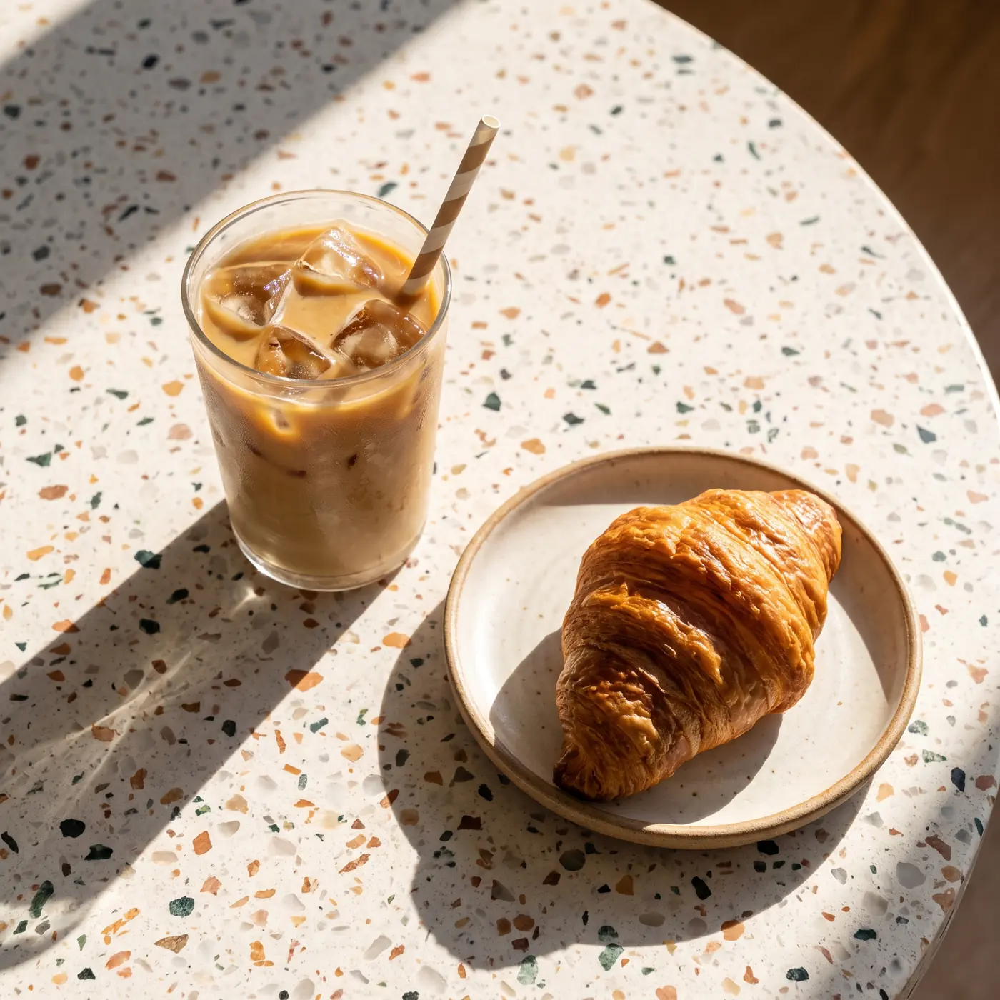 Iced coffee and a croissant on a terrazzo table in morning sun