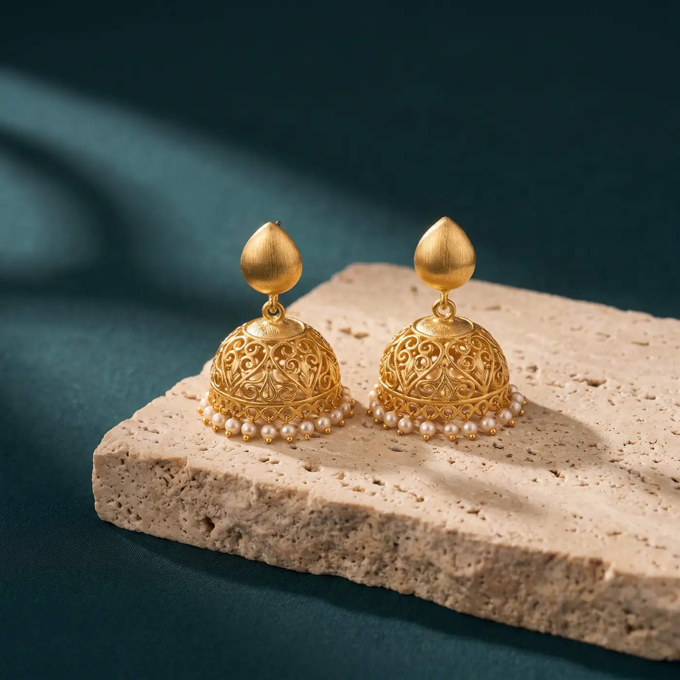 Gold jhumka earrings on a travertine stone against deep teal