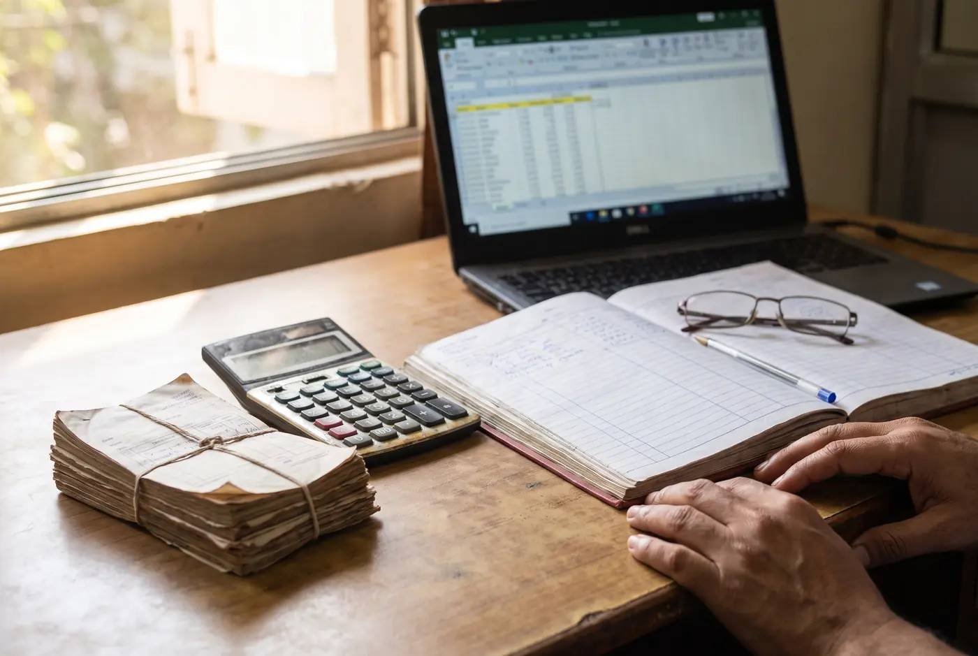 Accounts desk with a calculator, ledger, invoices and a laptop spreadsheet