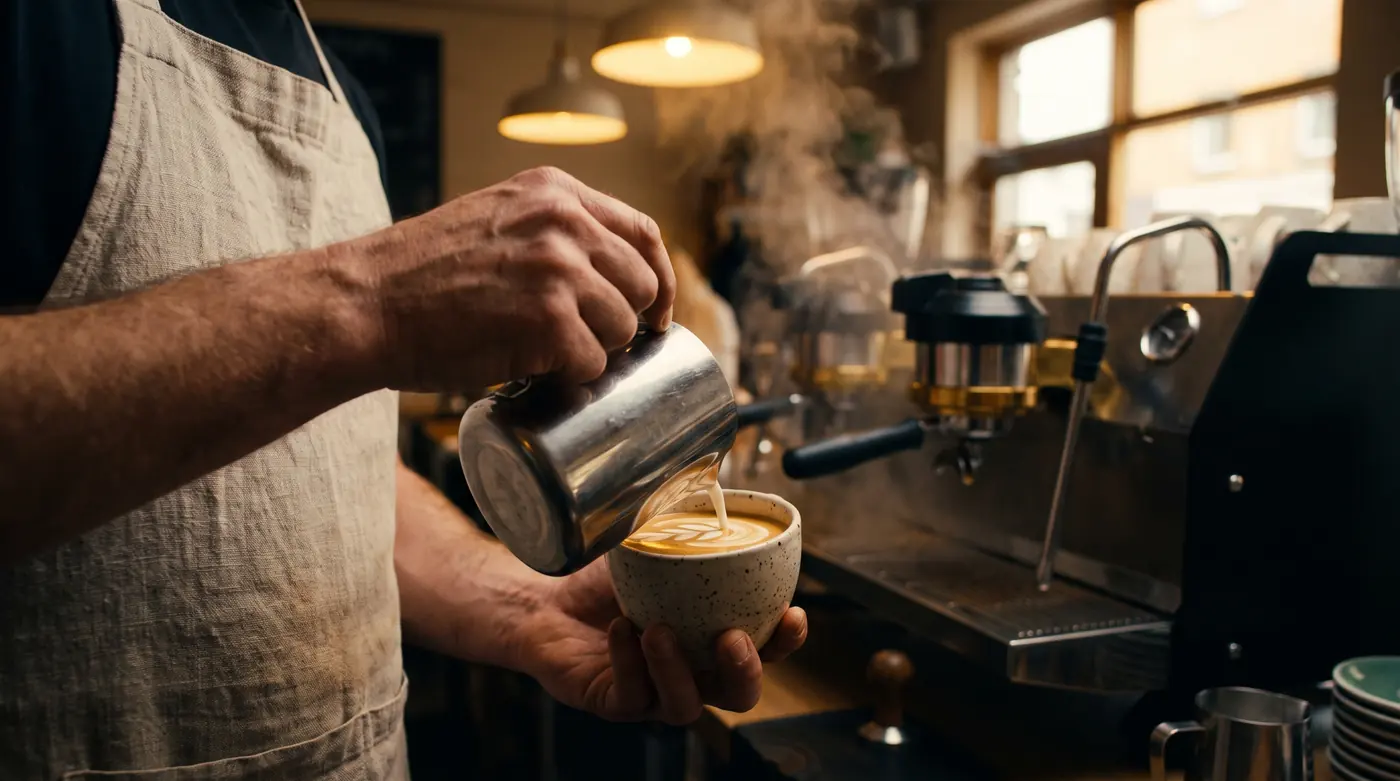 Barista pouring latte art into a ceramic cup